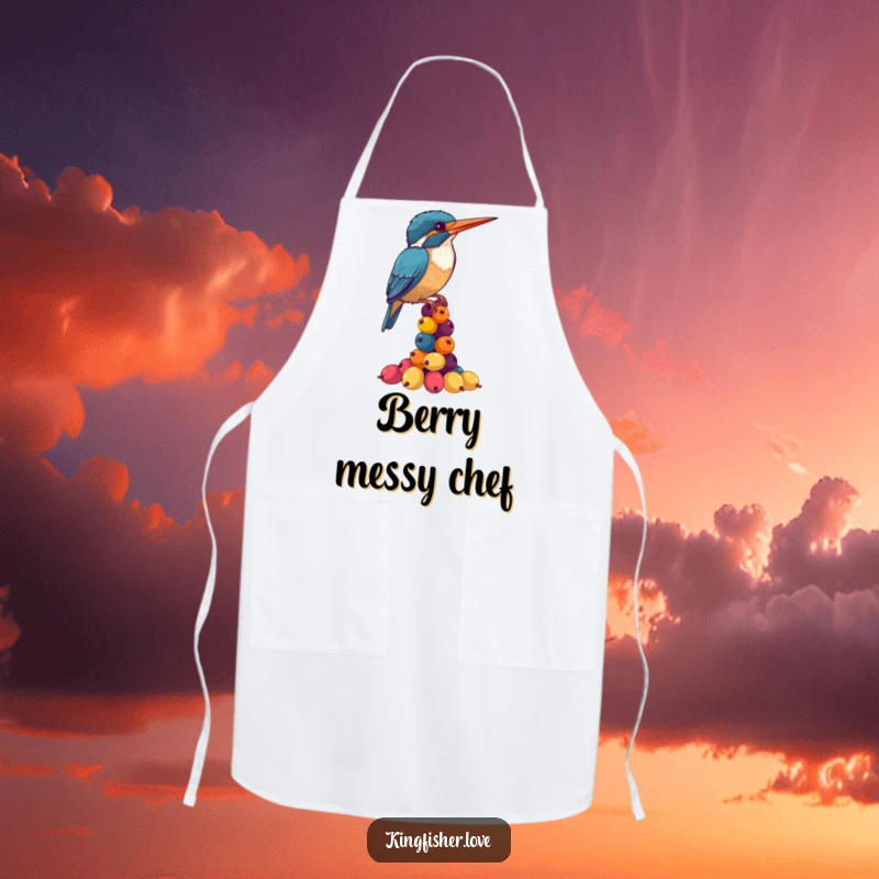 Funny Kingfisher Apron: A chef kingfisher humorously balances berries, making meal prep a funny delight.