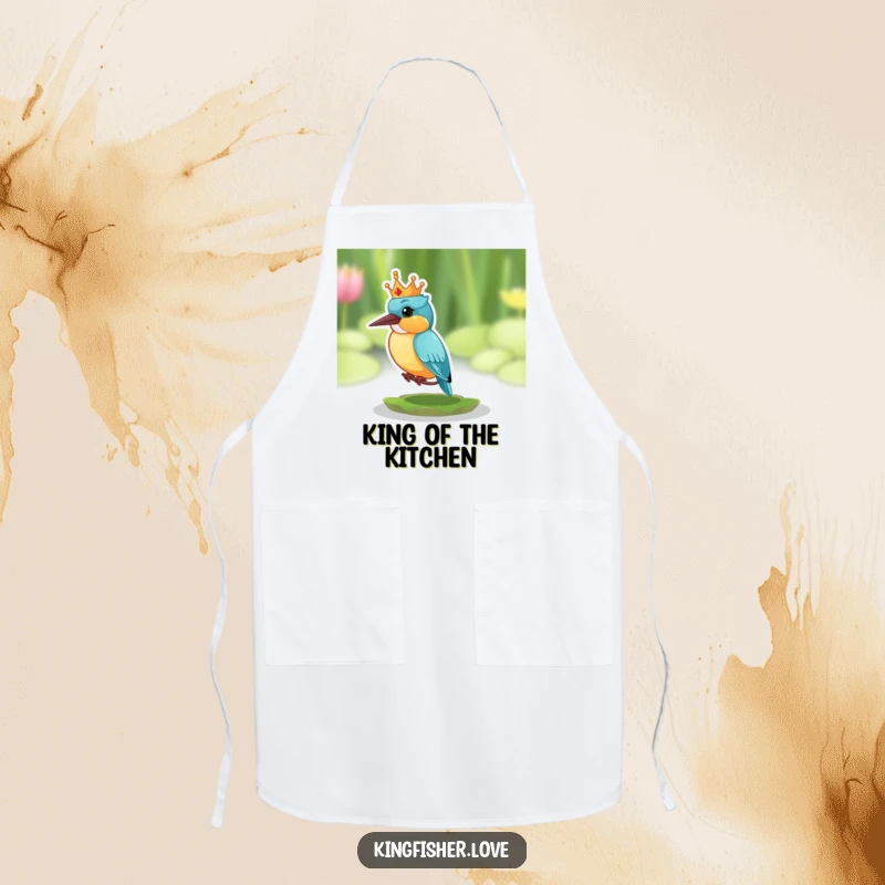 Funny apron with a kingfisher wearing a small crown, looking surprised on a lily pad, perfect for humorous kitchen activities.
