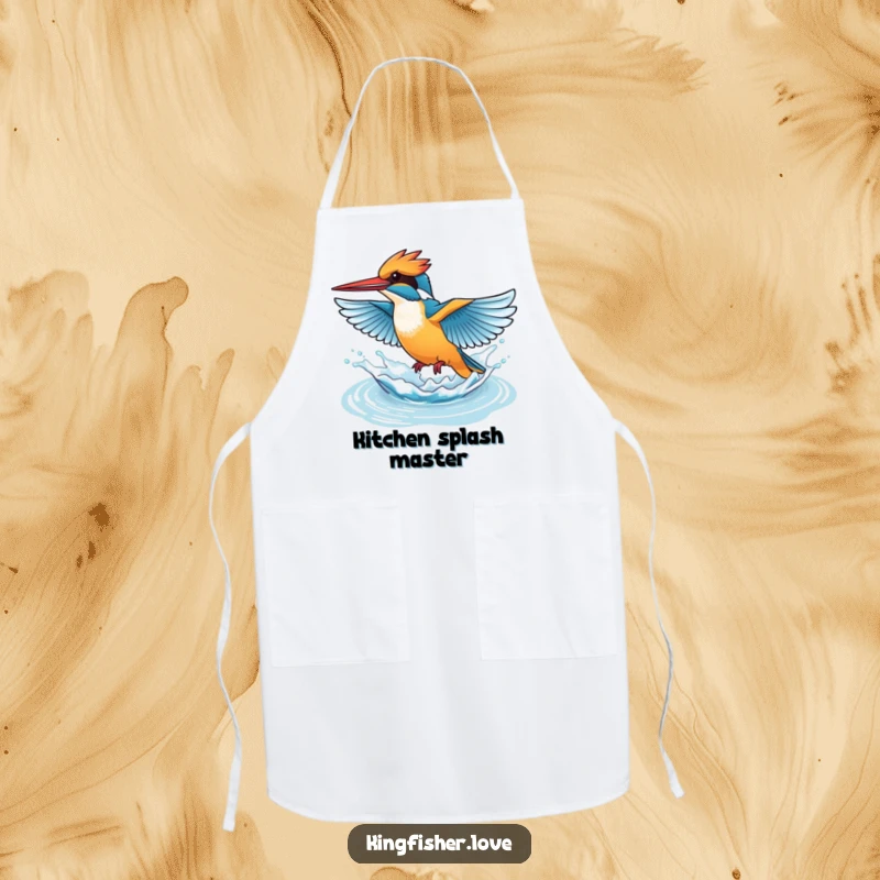 Funny apron with a kingfisher flapping wings rapidly, creating a playful splash of water, perfect for humorous kitchen activities.