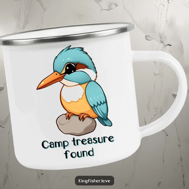 Funny camping mug with a kingfisher holding a shiny pebble in its beak, head tilted curiously, for humorous outdoor enjoyment.