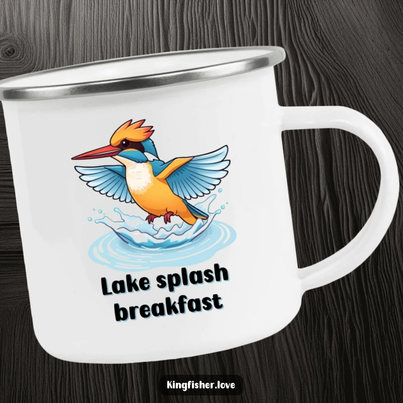 Funny camping mug with a kingfisher flapping wings rapidly, creating a playful splash of water, for humorous outdoor enjoyment.