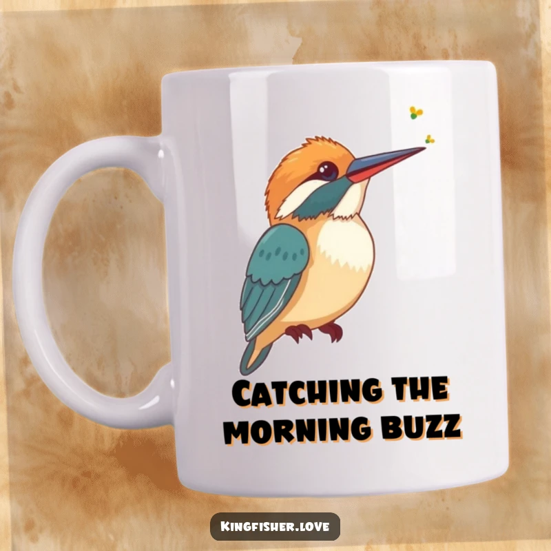 Funny Mug featuring a stylized kingfisher tilting its head, listening intently to a faint buzzing sound, perfect for bird enthusiasts.