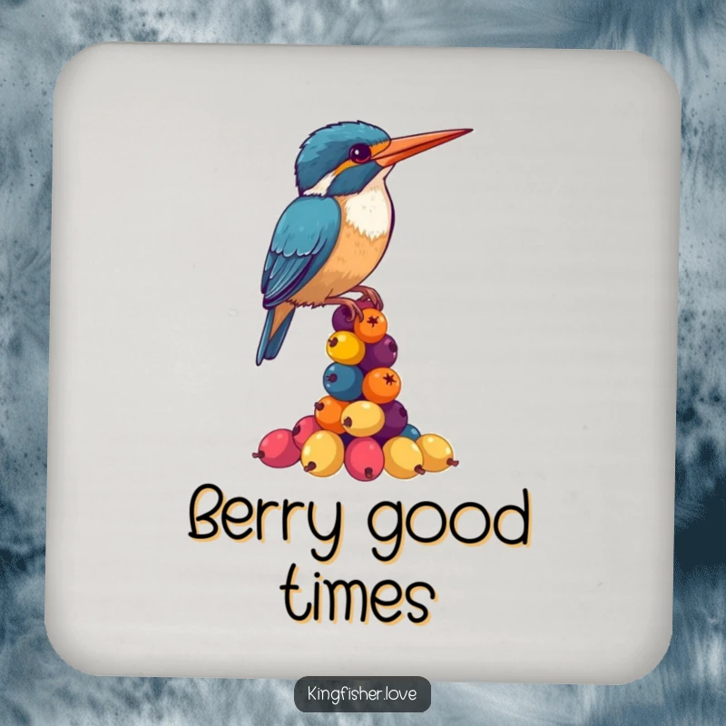 Funny Kingfisher Coaster: A compact coaster shows a kingfisher comically trying to stack berries, a funny addition to any table.