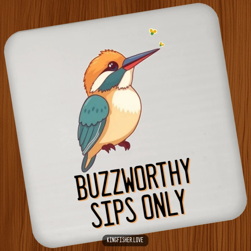 Funny Coaster set featuring a stylized kingfisher tilting its head, listening intently to a faint buzzing sound, protecting surfaces.
