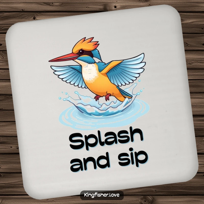 Funny drink coaster featuring a kingfisher flapping wings rapidly, creating a playful splash of water, for humorous surface protection.