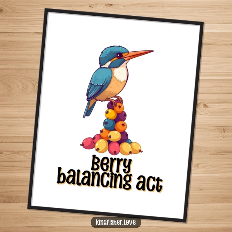 Funny Kingfisher Poster: A colorful kingfisher artistically balances berries in a comical, gravity-defying display.