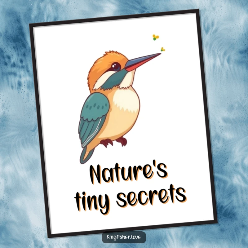 Funny Poster showcasing a stylized kingfisher tilting its head, listening intently to a faint buzzing sound, nature-themed art.