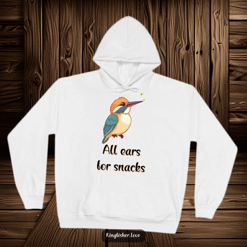 Funny Hoodie featuring a stylized kingfisher tilting its head, listening intently to a faint buzzing sound, perfect for cozy wear.