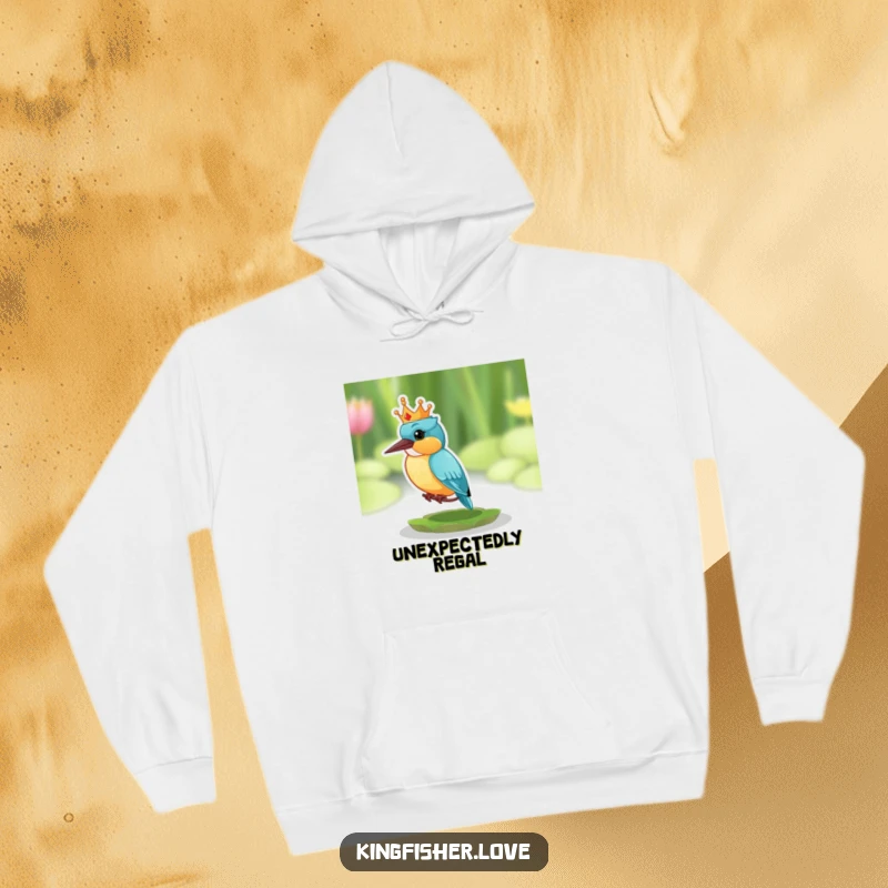 Funny hoodie showing a kingfisher wearing a small, funny crown, perched on a lily pad and looking comically surprised.