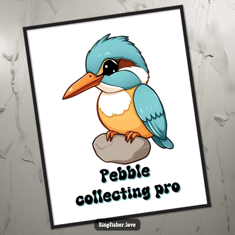 Funny Free Printable Wall Art featuring a kingfisher tilting its head inquisitively while holding a small, shiny pebble in its beak.
