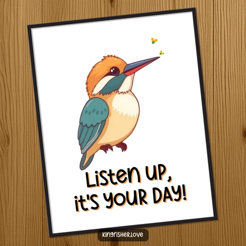 Funny Free Printable Wall Art: Stylized kingfisher tilts head, listening intently to a faint buzzing, capturing curiosity.