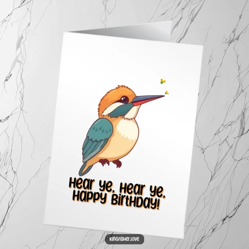 Funny Free Printable Birthday Card: A stylized kingfisher tilts its head, listening intently to a faint buzzing sound, humorously.