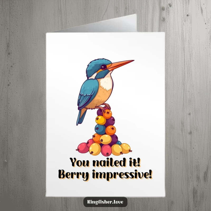 Funny Free Printable Congratulations Card: A kingfisher struggles comically to balance a tower of berries.