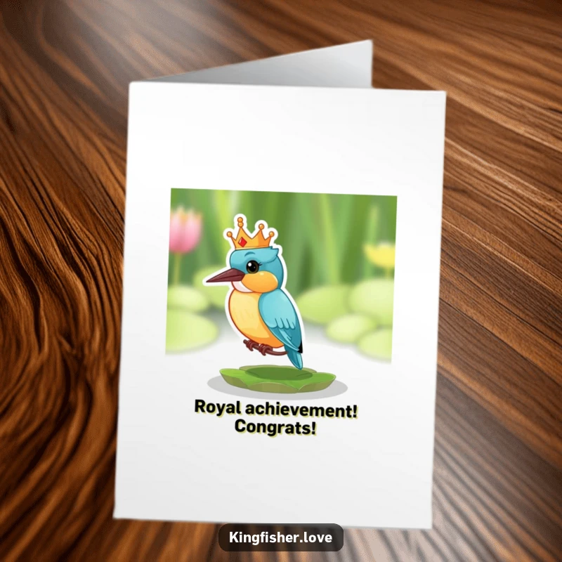 Funny Free Printable Congratulations Card showing a surprised kingfisher in a small, comical crown on a lily pad.