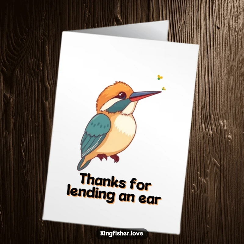 Funny Free Printable Thank You Card: A stylized kingfisher tilting its head, listening intently, representing deep appreciation.