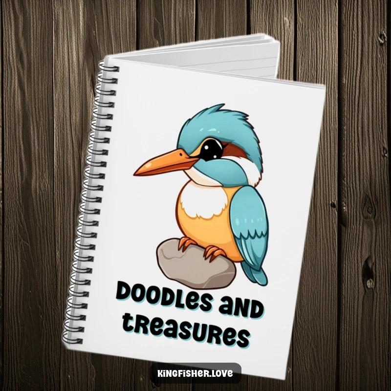Funny notebook cover with a kingfisher holding a shiny pebble in its beak, head tilted curiously, for humorous note-taking.