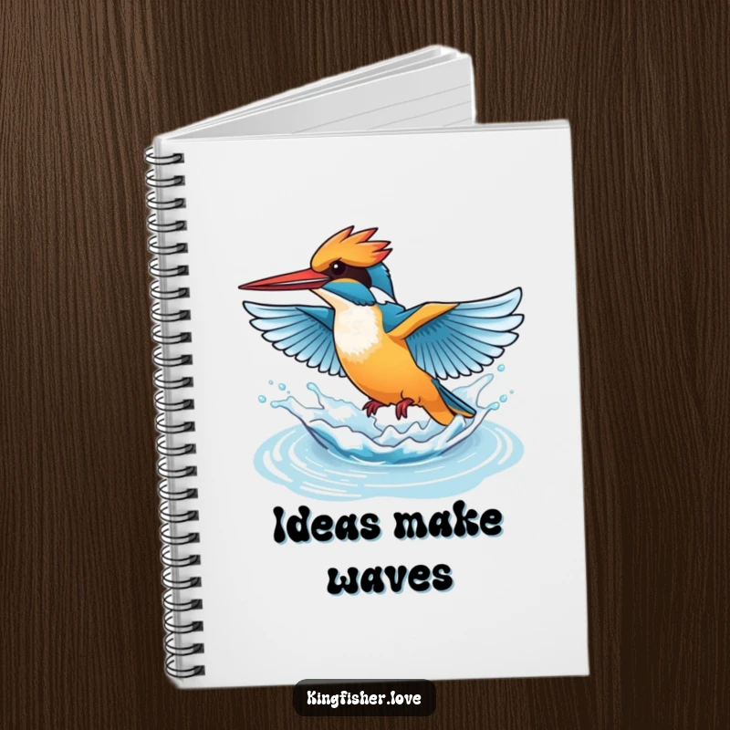 Funny notebook cover with a kingfisher flapping wings rapidly, creating a playful splash of water, for energetic, humorous note-taking.