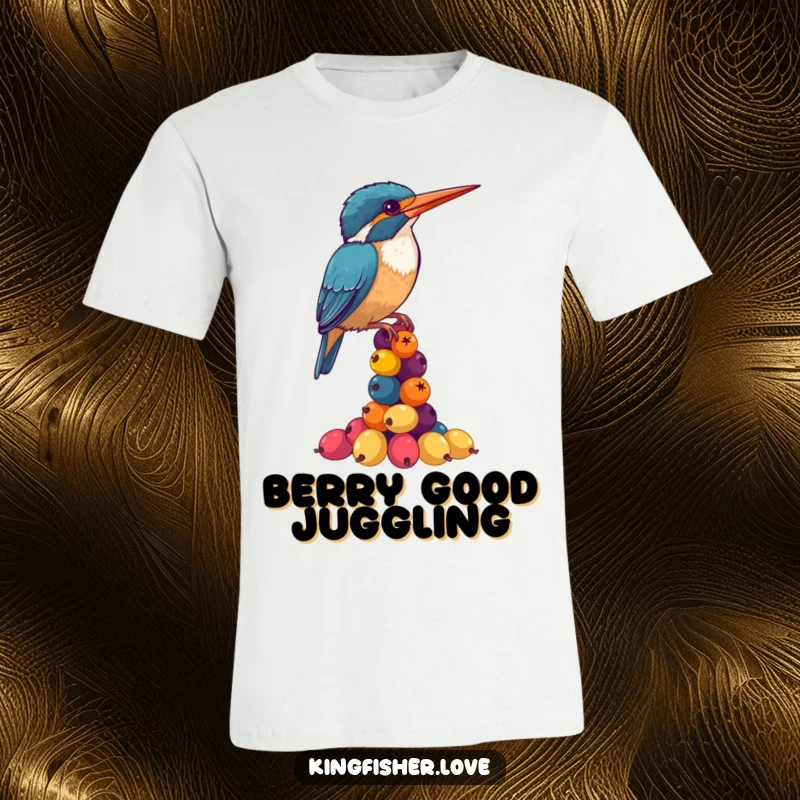 Funny Kingfisher T-Shirt: A determined kingfisher wobbles while stacking colorful berries, showcasing a moment of pure, comical effort.