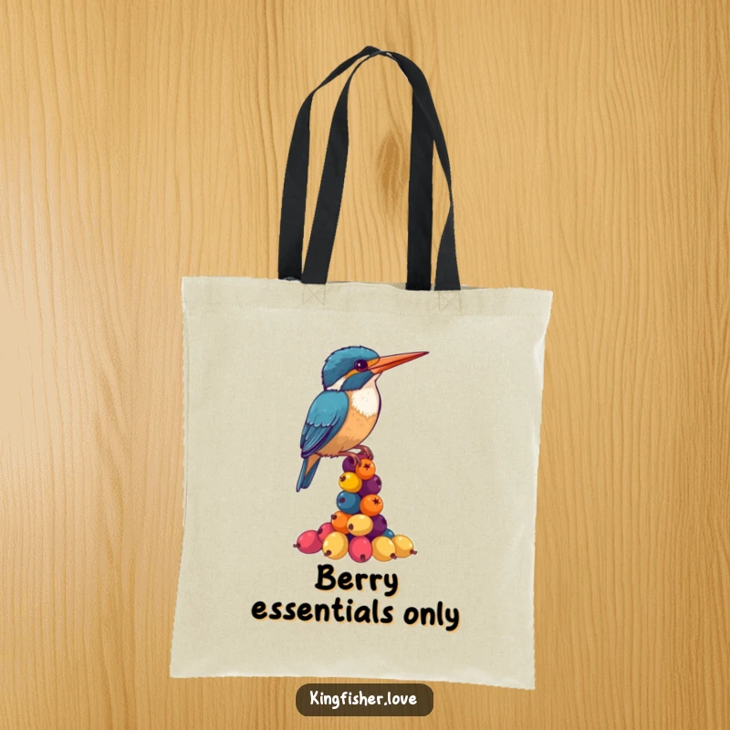 Funny Kingfisher Tote Bag: A kingfisher hilariously attempts to stack many colorful berries, a funny sight for all.
